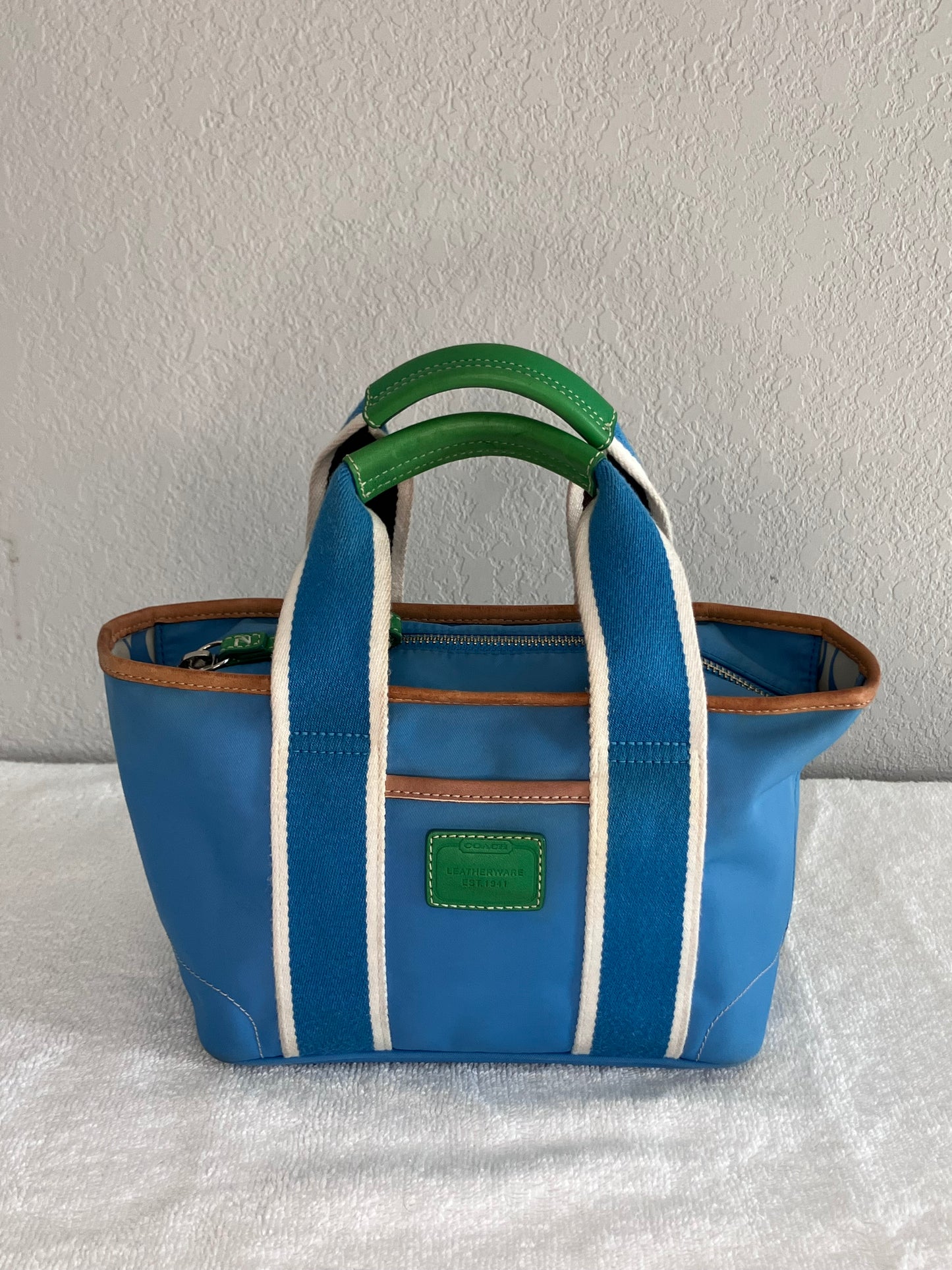 Coach Mini Hampton Tote in Blue Nylon with Brown Leather Trim and Green Handles