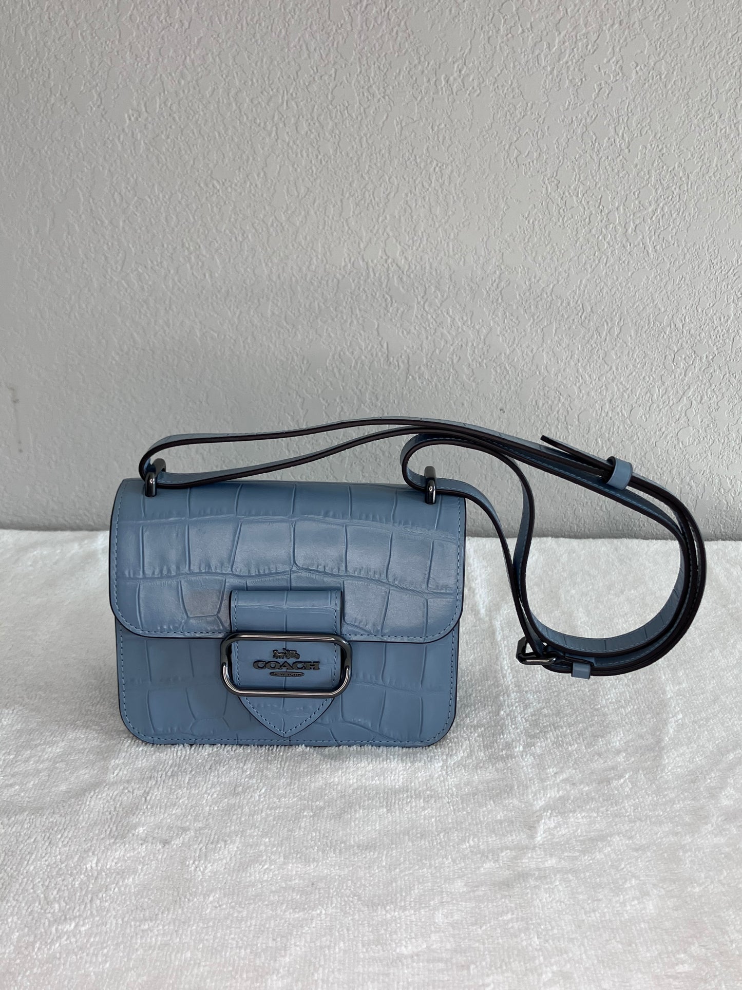 Coach Morgan Square Crossbody Bag in Blue with a Croc-Embossed Leather Finish