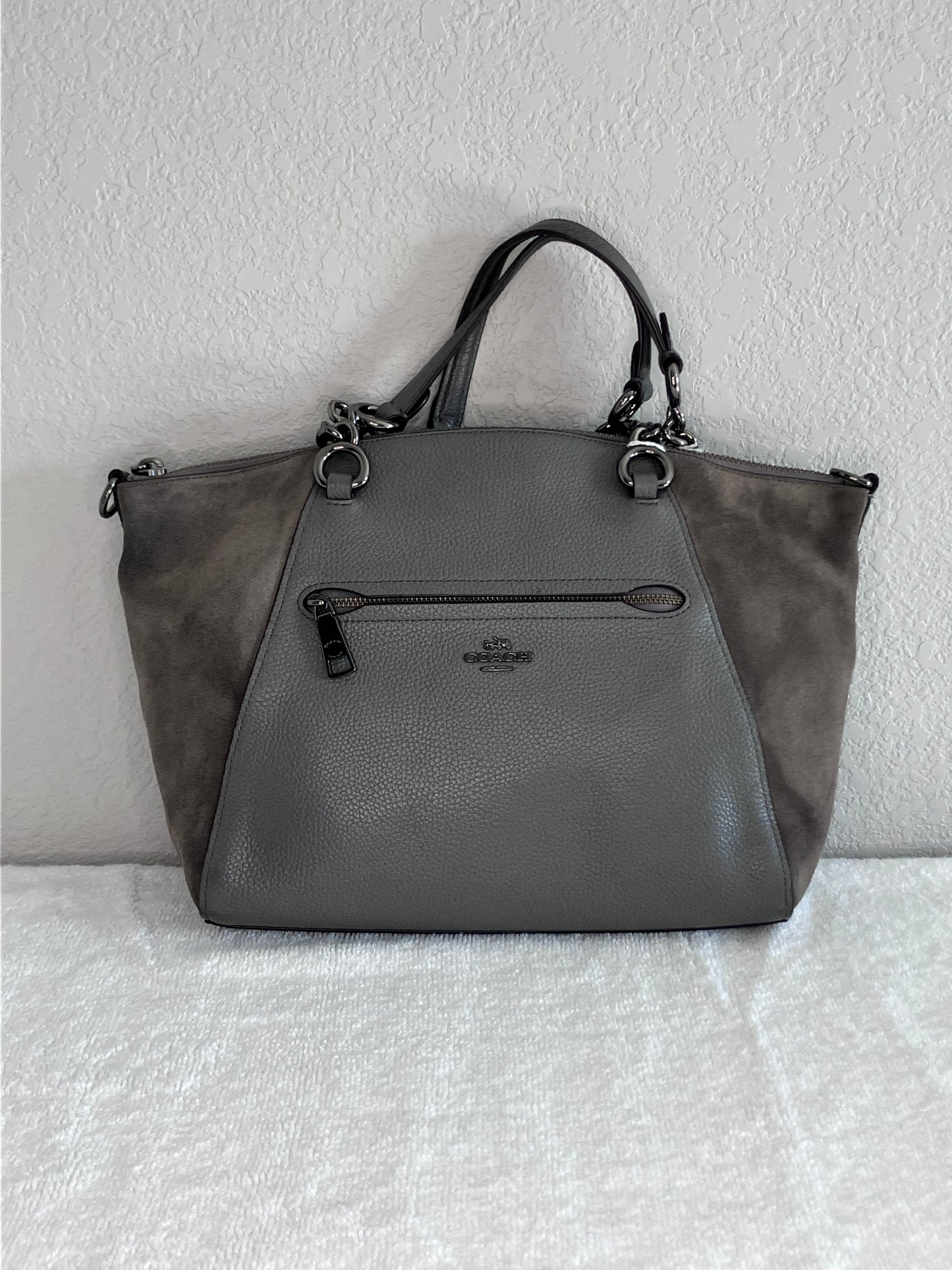 Coach Chain Prairie Satchel in Gray Pebbled Leather and Suede