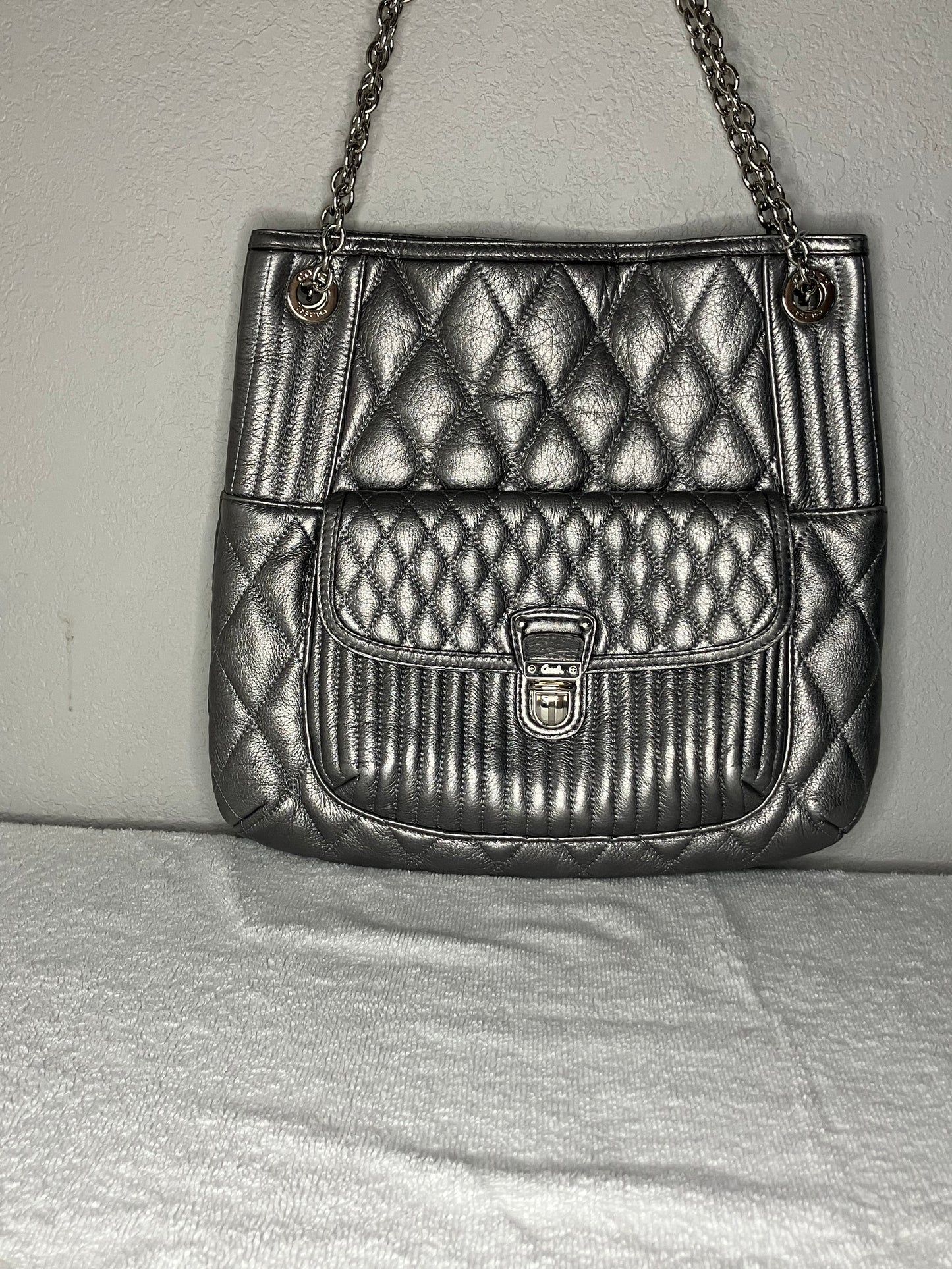 Coach Poppy Quilted Platinum Leather Slim Tote Shoulder Bag