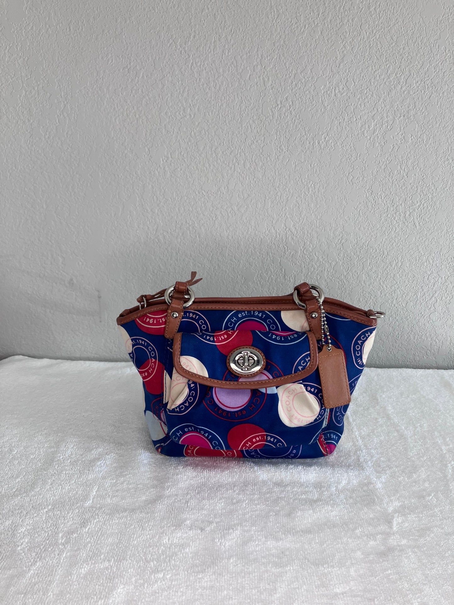 Coach Leah Shoulder Bag in Blue with a Red Polka Dot Pattern
