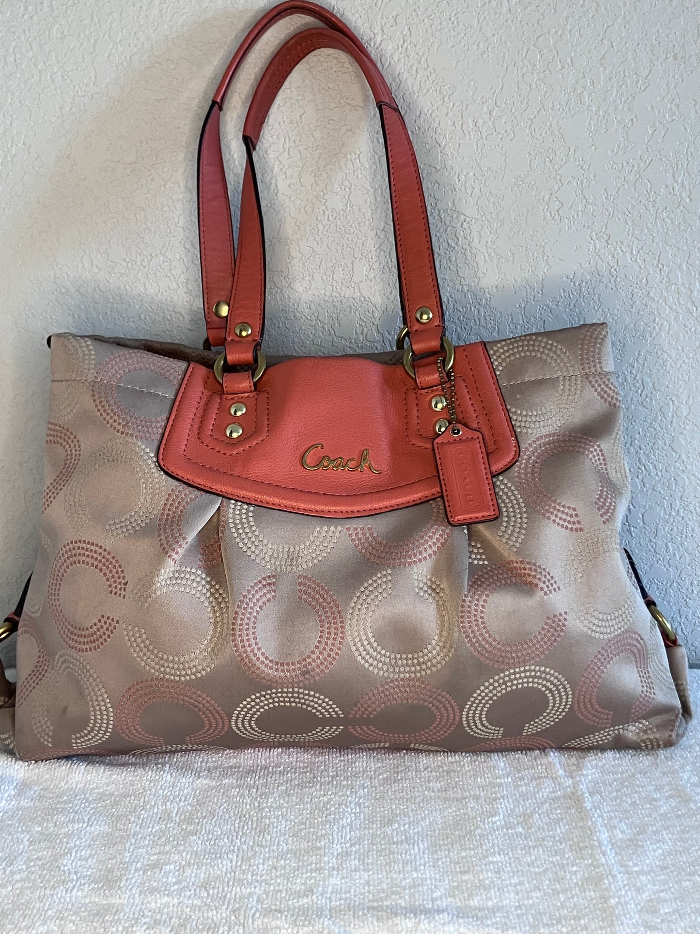 Coach Ashley Dotted Op Art Beige Orange Caryall Satchel