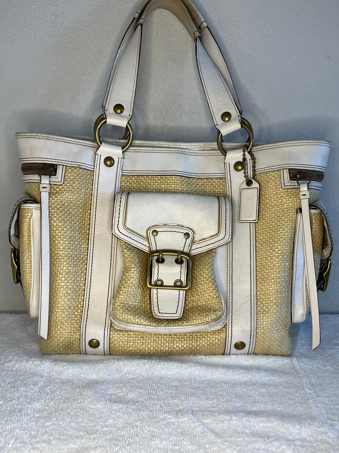 Coach Legacy Natural Woven Straw and White Leather Shoulder Handbag