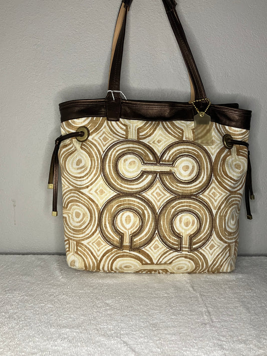 Coach Audrey Op Art Swirl Tote in Beige and Brown Signature Canvas with Bronze Leather Trim