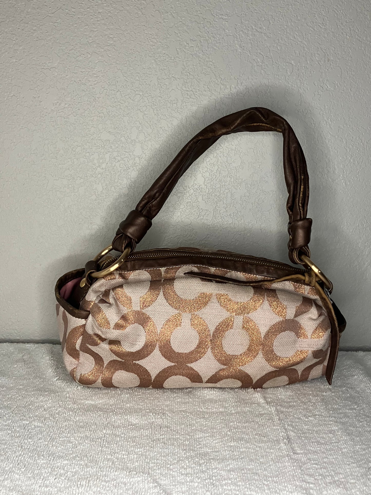 Coach Parker Op Art Signature Shoulder Bag in a Rose Gold and Brown Color